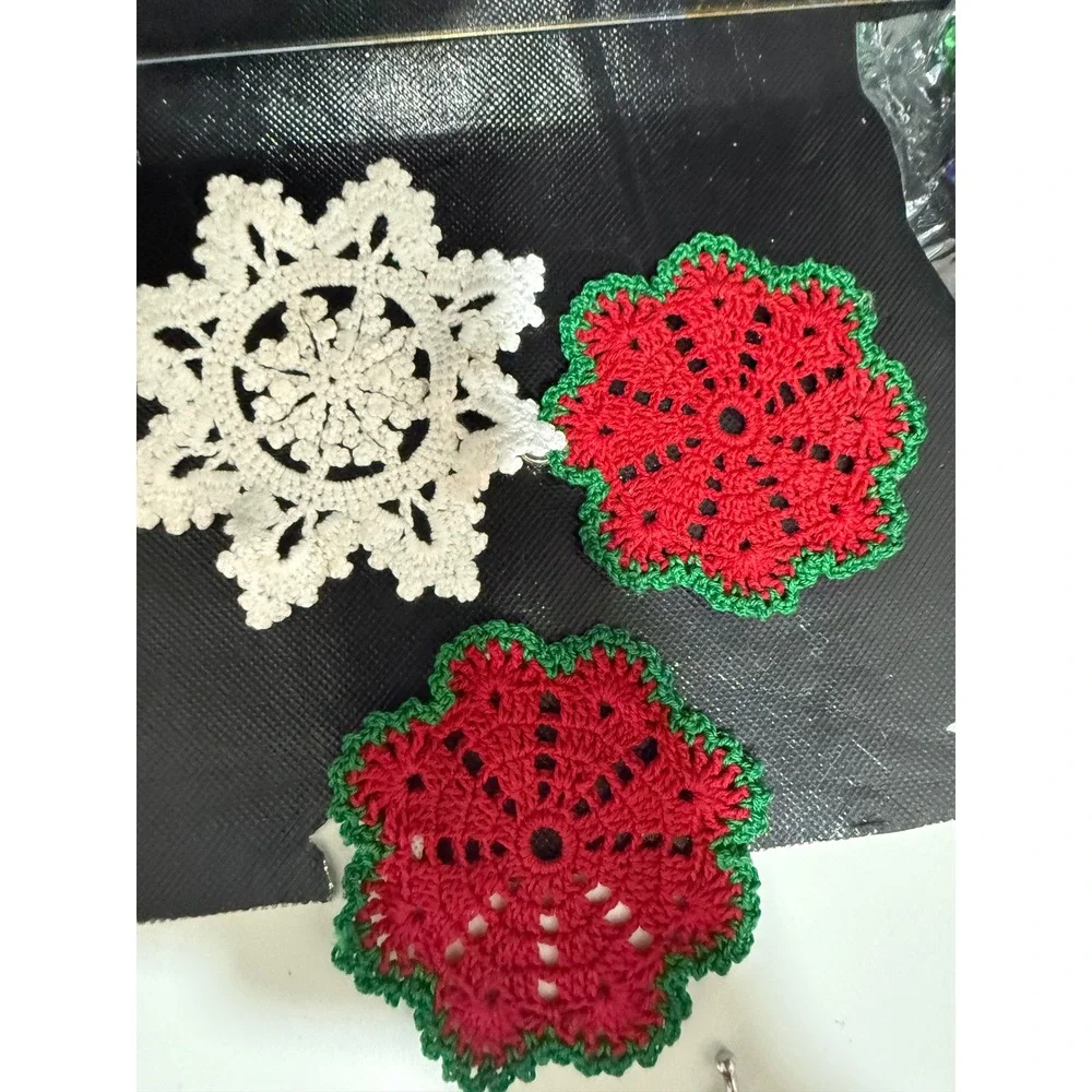 Handmade Crochet Christmas Coasters White Snowflake Red Green Poinsettia Set 3